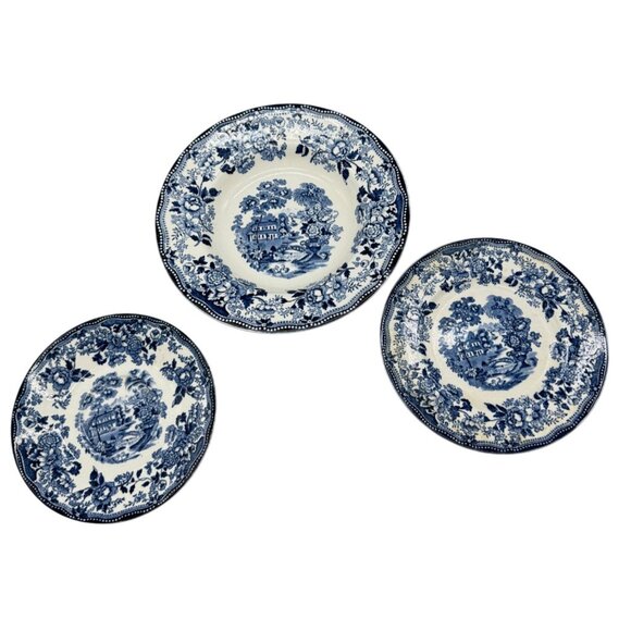 tonquin royal Stafford Clarice Cliff  Blue White Ironstone Bowl Plates Set Of 3 - Picture 1 of 12